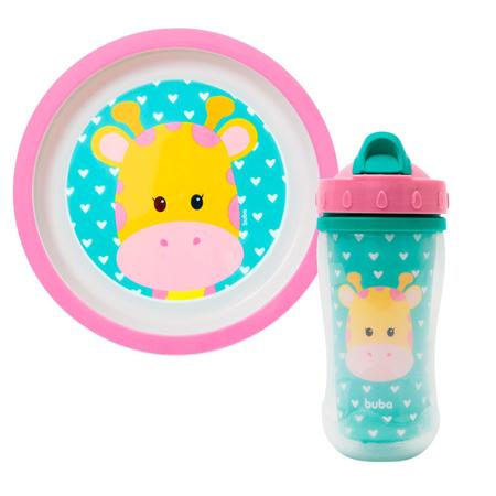 Imagem de Kit Alimentação Infantil 2 Peças Pratinho e Copo Parade Dupla 320ml Animal Fun Girafa Buba