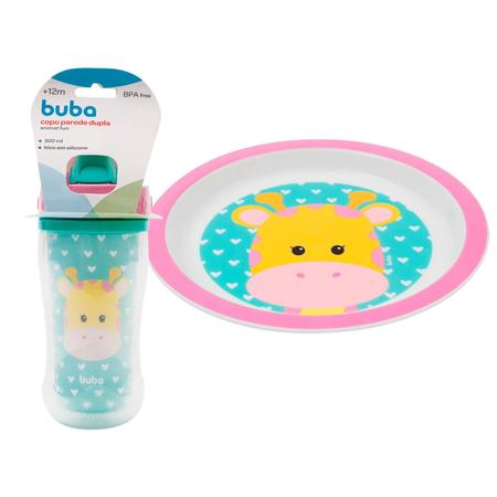 Imagem de Kit Alimentação Infantil 2 Peças Pratinho e Copo Parade Dupla 320ml Animal Fun Girafa Buba