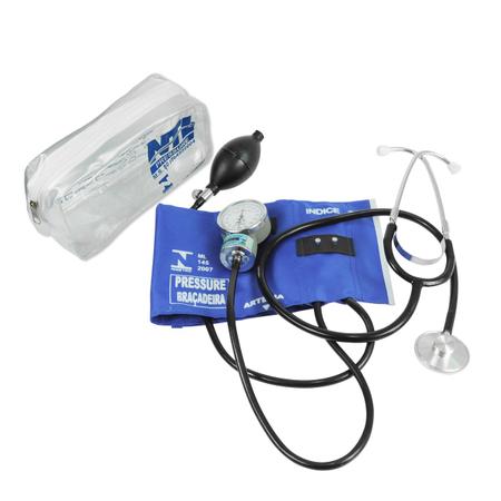 Kit Aparelho Aferir Pressão Arterial Esfigmomanômetro Aneróide Fecho Metal e Estetoscópio Simples - NTL Pressure Imagem de Kit Aparelho Aferir Pressão Arterial Esfigmomanômetro Aneróide Fecho Metal e Estetoscópio Simples