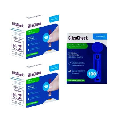 Imagem de Kit Aparelho Monitor Medidor De Glicemia Com Estojo, 100 Lancetas, 1 Caneta e 100 Fitas Glicemicas Glicocheck Multilaser