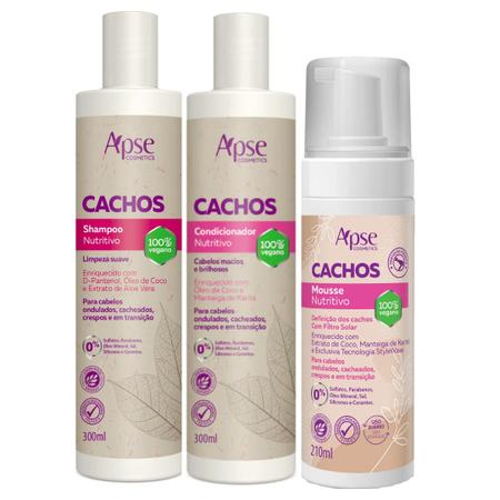 Imagem de Kit Apse Cachos Shampoo + Condicionador + Mousse Tratamento Capilar Cacheado Vegano
