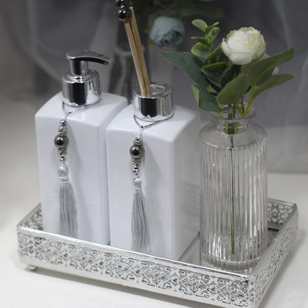 Imagem de Kit Aromatizador Lavabo Dourado Branco Bandeja Espelhada