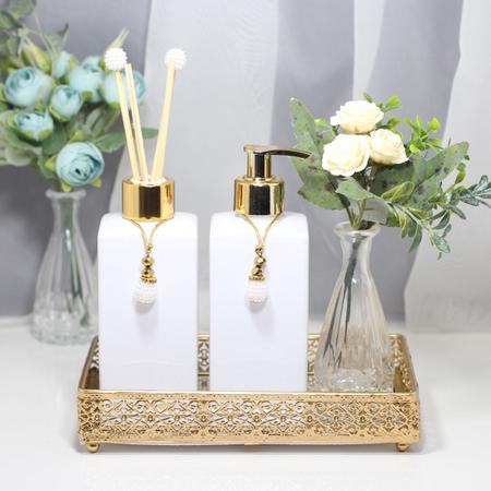 Imagem de Kit Aromatizador Lavabo Dourado Branco Bandeja Espelhada