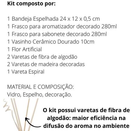 Imagem de Kit Aromatizador Saboneteira Bandeja Vasinho Dourado e Luxuosas Varetas Decoradas - K250/253