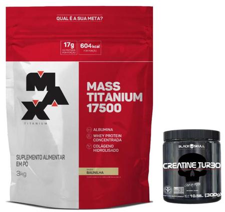 Imagem de Kit aumento de peso: hipercalórico mass 3 kg max titanium + creatina turbo 300 g black skull