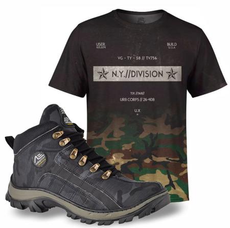 Imagem de Kit Aventura Camiseta Camuflada e Tênis Masculino Cinza