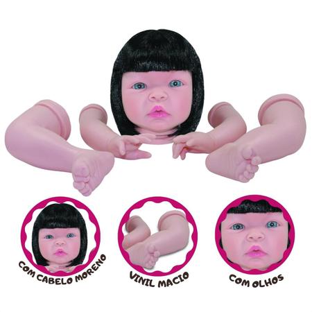 Boneca Bebê Reborn Baby Kiss Morena Cabelo Longo Castanho SID-NYL