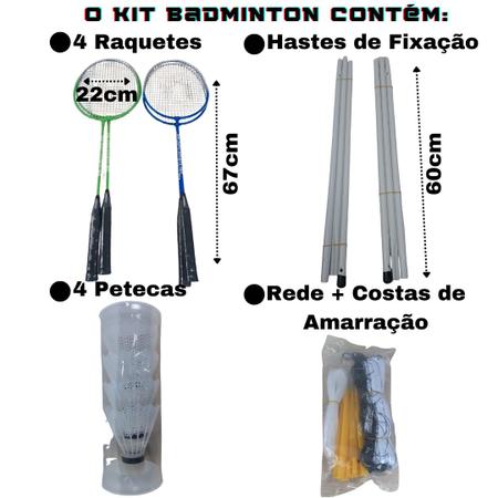 Imagem de Kit Badminton Completo 4 Raquetes 4 Petecas 1 Tubo 1 Rede 1 Bolsa de Armazenamento