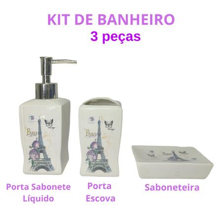 Imagem de Kit Banheiro 3 Peças Dispenser De Sabonete Líquido Saboneteira Porta Escova Paris Em Cerâmica