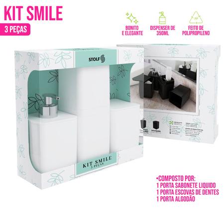 Imagem de Kit Banheiro 3 peças Smile Dispenser Porta Escova Moderno Polipropileno