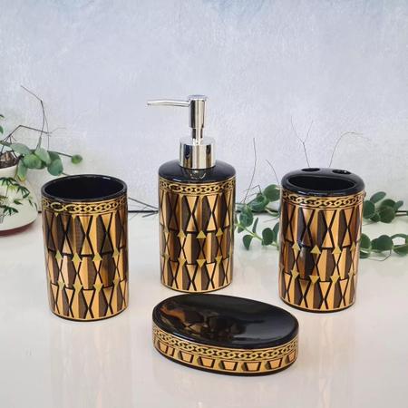 Imagem de Kit Banheiro Luxo Dourado Lavabo 4 Peças Porta Sab Liquído