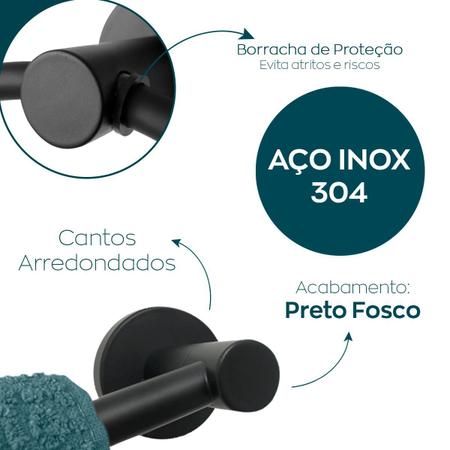 Imagem de Kit Banheiro Preto Fosco Aço Inox 304 Acessorios Para Lavabo Luxo 4 Peças Porta Toalha Redondo Toalheiro Duplo Papeleira Gancho Cabide Suporte Parede