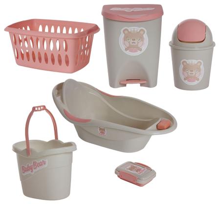 Imagem de Kit Banho Baby Bebê Infantil Menina Banheira Saboneteira Cesto Lixeiras Balde