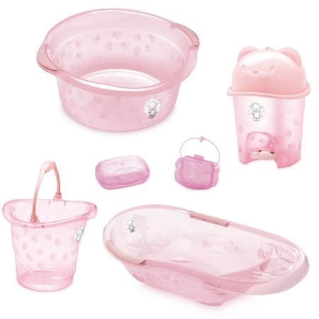 Imagem de Kit banho bebe adoleta banheira + saboneteira bacia e outros rosa translucido