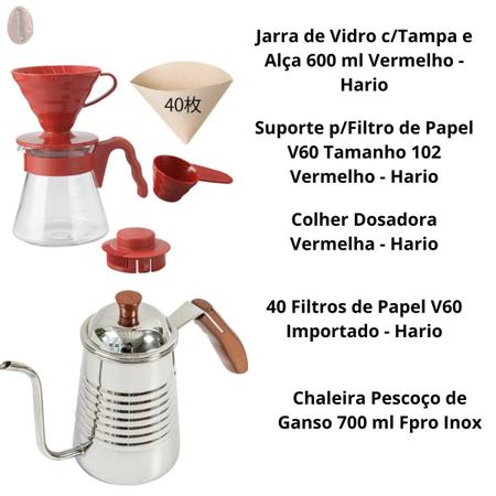 Imagem de Kit Barista Profissional Cafeteira Hario V60, Vermelha + Chaleira Inox Original Pescoço de Ganso + 40 Filtros