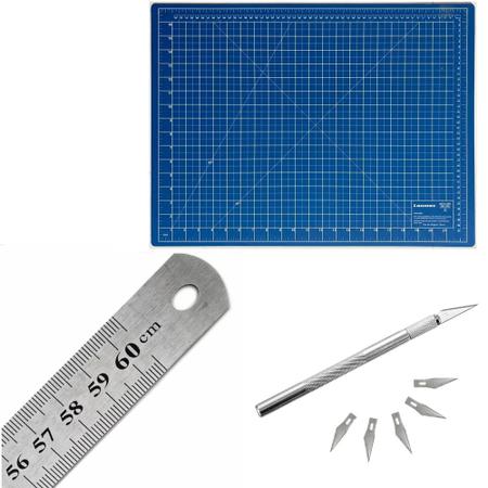 Imagem de Kit base de corte Azul + Regua de aço 60 cm + Estilete