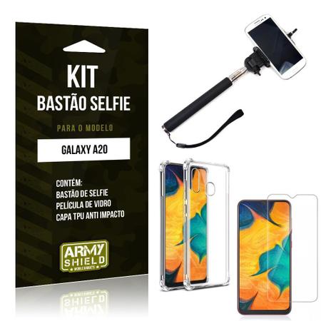 Imagem de Kit Bastão de Selfie Galaxy A20 Bastão + Capinha Anti Impacto + Película de Vidro - Armyshield