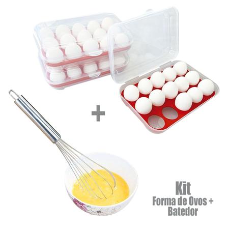 Imagem de Kit Batedor Fouet Profissional Reforçado E Porta Ovos Organizador 15 Ovos Empilhável