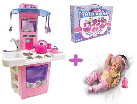 Imagem de Kit Bebê Reborn Silicone Roupa Mamadeira + Cozinha e Jantar