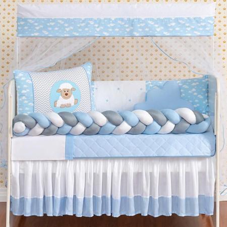 Kit Berço Trança Ovelha Menino 14 Peças Com Saia Box Azul - Beatriz Enxovais Imagem de Kit Berço Trança Ovelha Menino 14 Peças Com Saia Box Azul