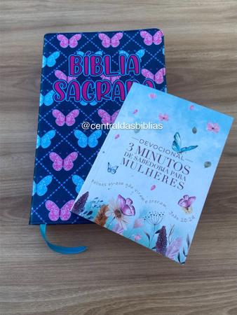 Imagem de Kit Bíblia borboletas rosa e azul + Devocional 3 minutos de sabedoria para mulheres