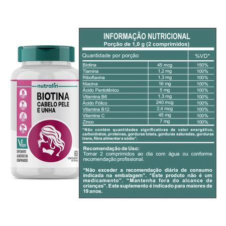 Imagem de Kit Biotina Cabelo, Pele e Unhas Nutralin 2 potes cada pote 60 comp.