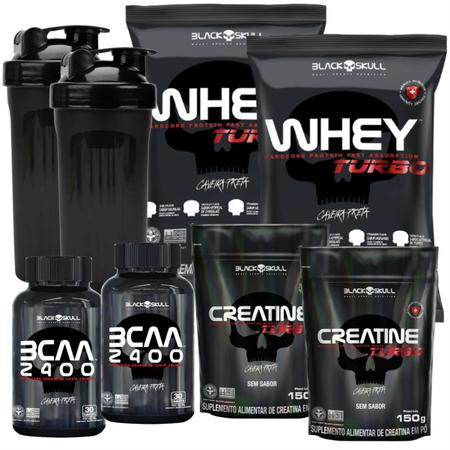 Imagem de Kit Black Skull: 2x Whey Turbo 907g + 2x Creatina Refil 150g + 2x Bcaa 30 tabs + 2 Coqueteleiras