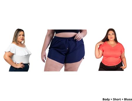 Imagem de kit Blusa Body Feminino Plus Size Ciganinha Babado + Camiseta Gola V Basica Blusas T-shirt +Shortinho Tactel Saída de Praia