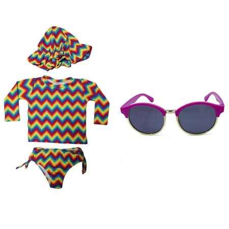 Imagem de Kit Blusa Fator Protecao Listrado + Calcinha + Chapeu + Oculos 