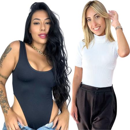 Kit Body Cavado Regata Alça Larga e Body Canelado Gola Alta - Cropie Imagem de Kit Body Cavado Regata Alça Larga e Body Canelado Gola Alta