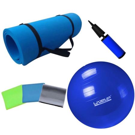 Imagem de Kit Bola Pilates 65cm + Colchonete Eva + Kit 3 Faixas Elasticas + Bomba  Mandiali 