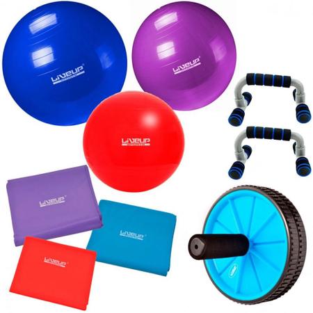 Imagem de Kit Bolas de 45 + 55 + 65cm e 3 Faixas Elasticas + Apoio Flexao e Roda Abdominal  Liveup Sports 