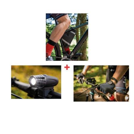 Kit bolsa de quadro ciclista e lanterna e luva cilismo p Imagem de Kit bolsa de quadro ciclista e lanterna e luva cilismo p