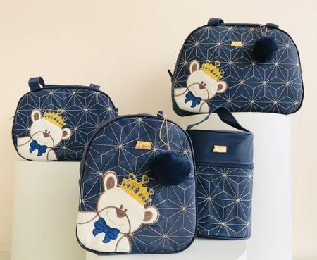 Imagem de Kit Bolsa Maternidade 5 Peças Completo Urso Príncipe Térmica Com Saída Maternidade Azul Marinho