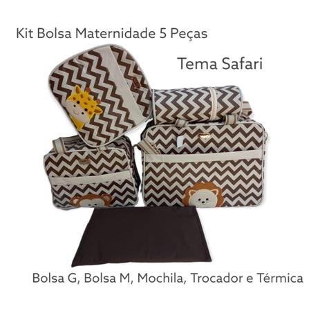 Kit Bolsa Mala Maternidade Feminino Menina 5 Peças Rosa Tema Safari