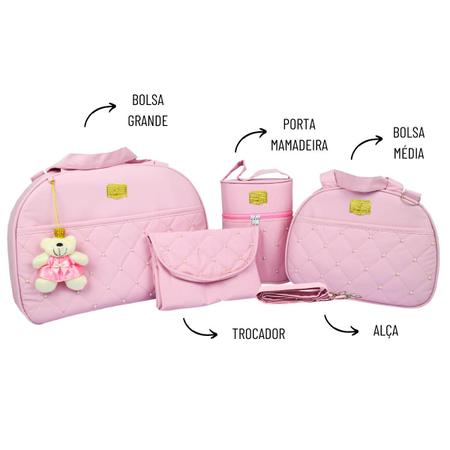kit 4 peças bolsa bebê saída maternidade com porta mamadeira e trocador menina  cor rose