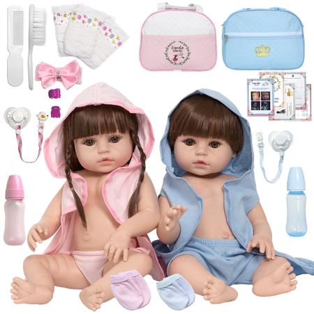 Bebe Reborn Gêmeos Casal 100% Silicone Bolsa 36 Acessórios - USA Magazine