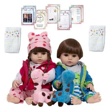 Kit Bebê Reborn Gêmeos Casal 52cm 100% Silicone Acessórios