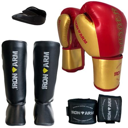 Imagem de Kit Boxe Luva Bandagem Protetor Bucal Caneleira G - Iron Arm