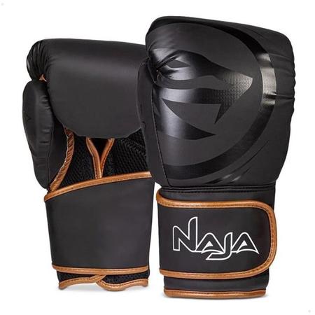 Imagem de Kit Boxe Muay Thai Naja Black Line Luva + Bandagem + Protetor Bucal Preto/Bronze 