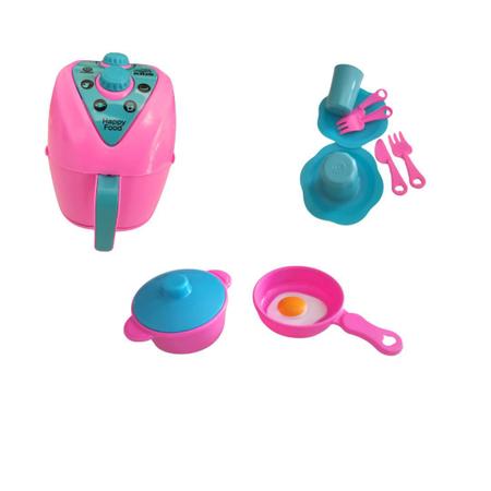 Imagem de Kit Brinquedo Cozinha Infantil Air Fryer Panelinha Frigideira Com Ovo Pratinho Talheres Copos
