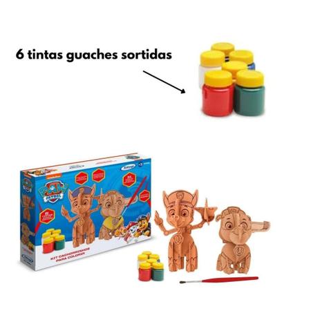 Imagem de Kit Brinquedo de Montar Cachorrinhos de Madeira para Colorir Patrulha Canina Com Pincel e 6 Tintas X