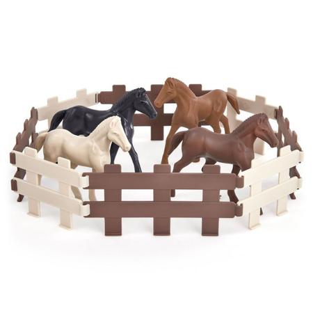 Imagem de Kit Brinquedo Miniatura Cavalo Cavalinho c/ Cercas Fazenda Rancho Western Faz de Contas 24 Pçs