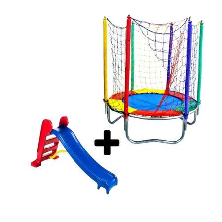 Imagem de Kit Brinquedos Playground Cama Elástica Pequena Pula Pula Trampolim 1,40m + Escorregador Infantil Médio 3 Degraus