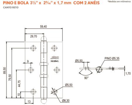 Imagem de Kit c/03 Dobradiças Pino Bola e Anel Acetinado Escovado Stam