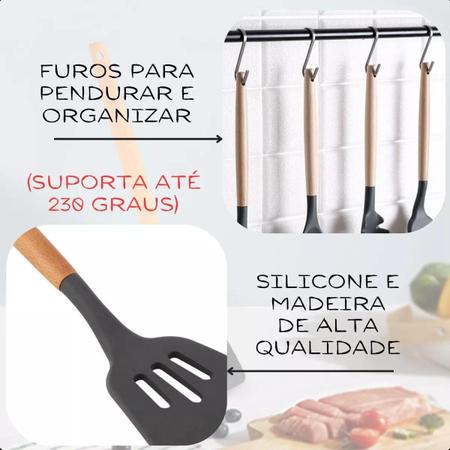 Kit C/12 Utensílios De Cozinha Silicone Cabo Madeira - Moon'S Imagem de Kit C/12 Utensílios De Cozinha Silicone Cabo Madeira