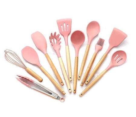 Kit C/12 Utensílios De Cozinha Silicone Cabo Madeira - Moon'S Imagem de Kit C/12 Utensílios De Cozinha Silicone Cabo Madeira