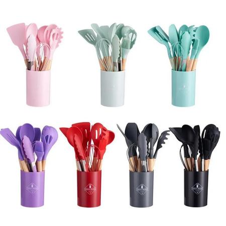 Kit C/12 Utensílios De Cozinha Silicone Cabo Madeira - Moon'S Imagem de Kit C/12 Utensílios De Cozinha Silicone Cabo Madeira