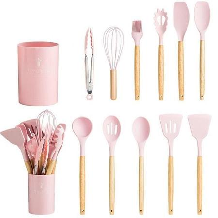 Kit C/12 Utensílios De Cozinha Silicone Cabo Madeira - Moon'S Imagem de Kit C/12 Utensílios De Cozinha Silicone Cabo Madeira