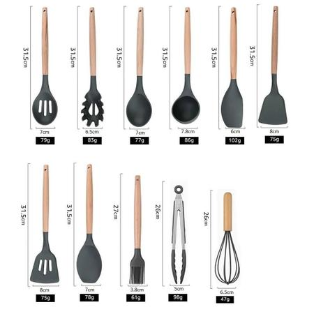 Kit C/12 Utensílios De Cozinha Silicone Cabo Madeira - Moon'S Imagem de Kit C/12 Utensílios De Cozinha Silicone Cabo Madeira